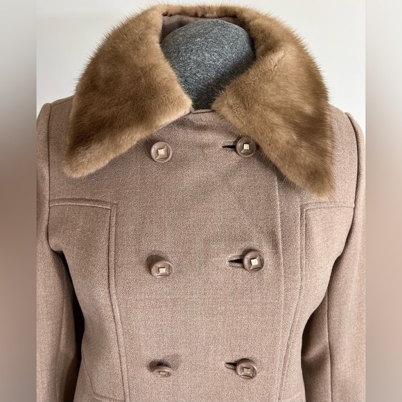 Vintage fur collar wool blend tan beige pea coat, Small - Picture 5 of 16
